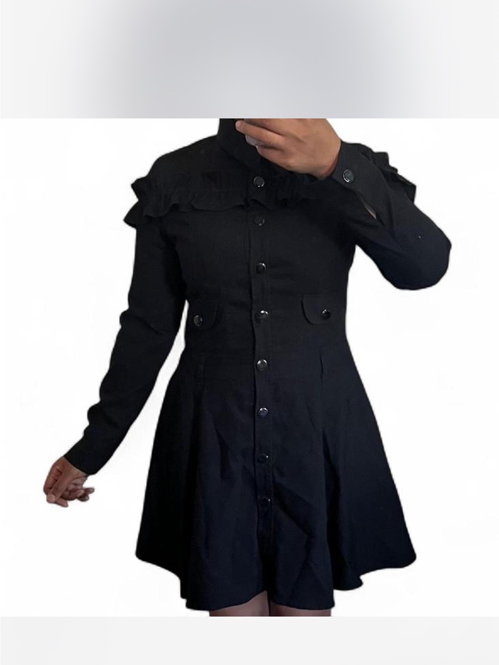 Black Ruffle Button-Front Peacoat - Picture 4 of 8